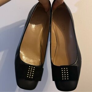 Talbots leather chunky kitten heel with velvet bow and rhinestone